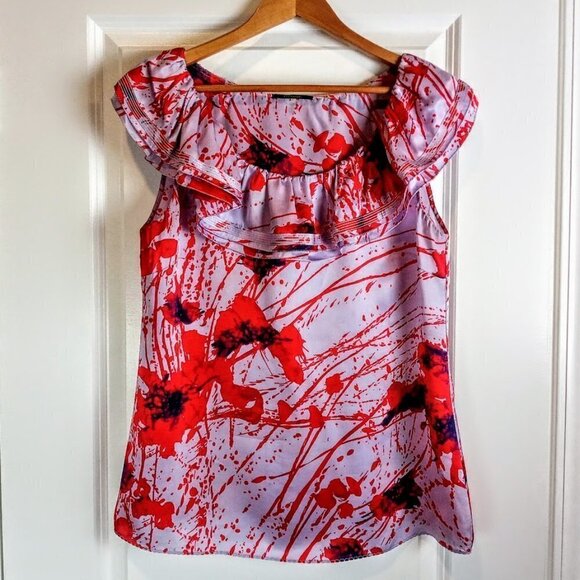 Elie Tahari Pink Red Splatter Print Ruffle Silk Sleeveless Top - Picture 1 of 6